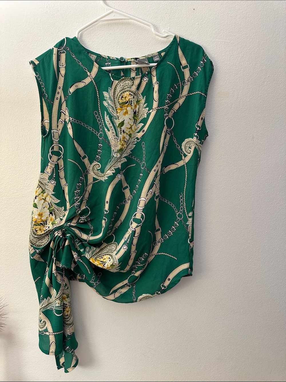 New York & Company Green Chain-Print Sleeveless Side-Tie Blouse
